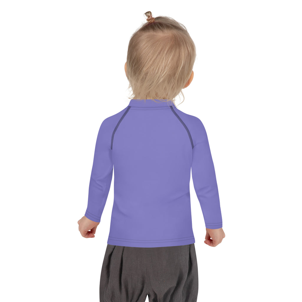 Girls purple long sleeve rash guard swim shirt with dark blue seam accents and upf 50 plus sun protection