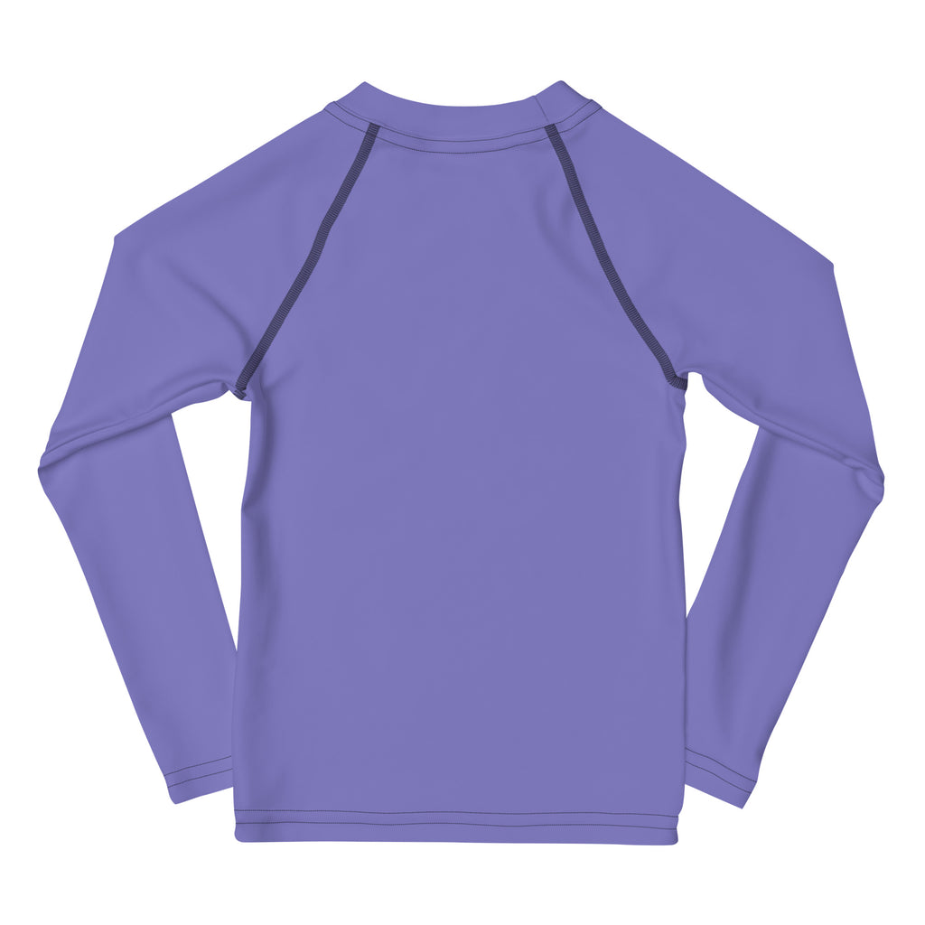 Girls purple long sleeve rash guard swim shirt with dark gray seams and UPF 50 plus for sun protection