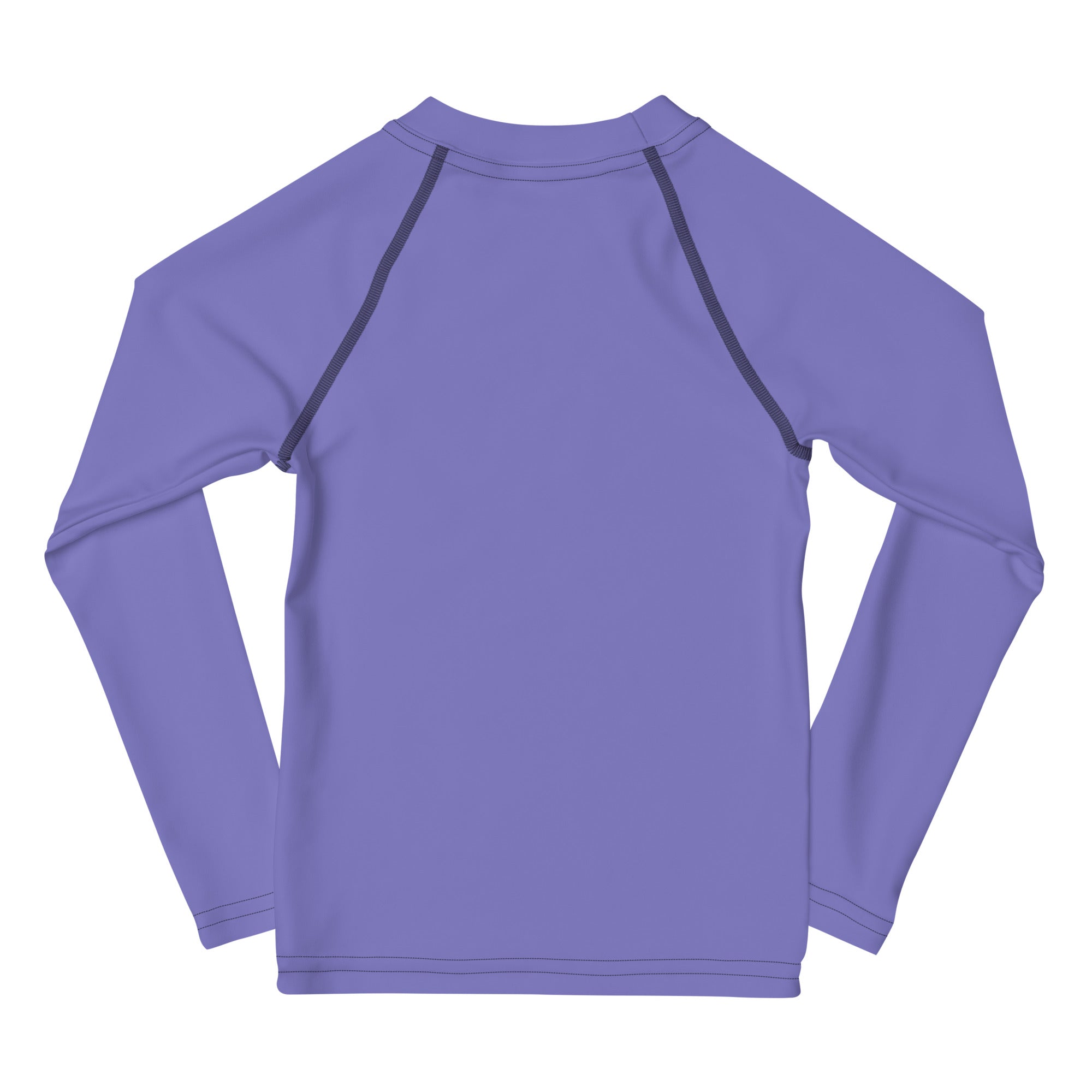 Girls purple long sleeve rash guard swim shirt with dark gray seams and UPF 50 plus for sun protection