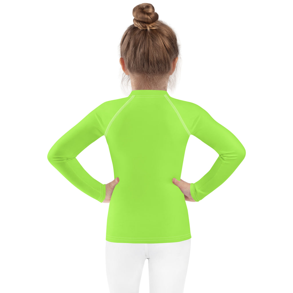 Kids lime green long sleeve rash guard swim shirt with bright neon green color and upf 50 plus sun protection