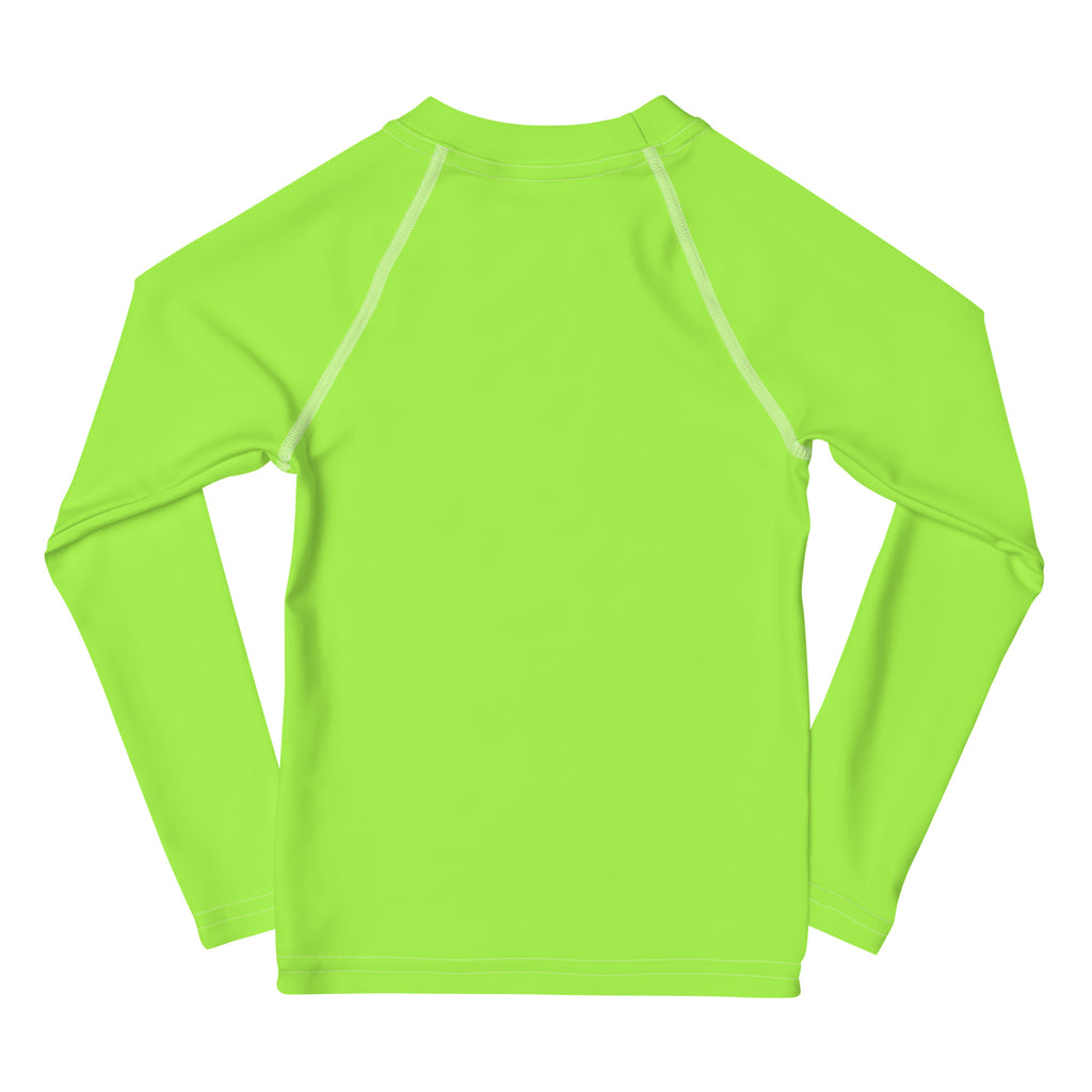 Kids lime green long sleeve rash guard swim shirt with upf 50 plus and subtle white seam detailing along sleeves