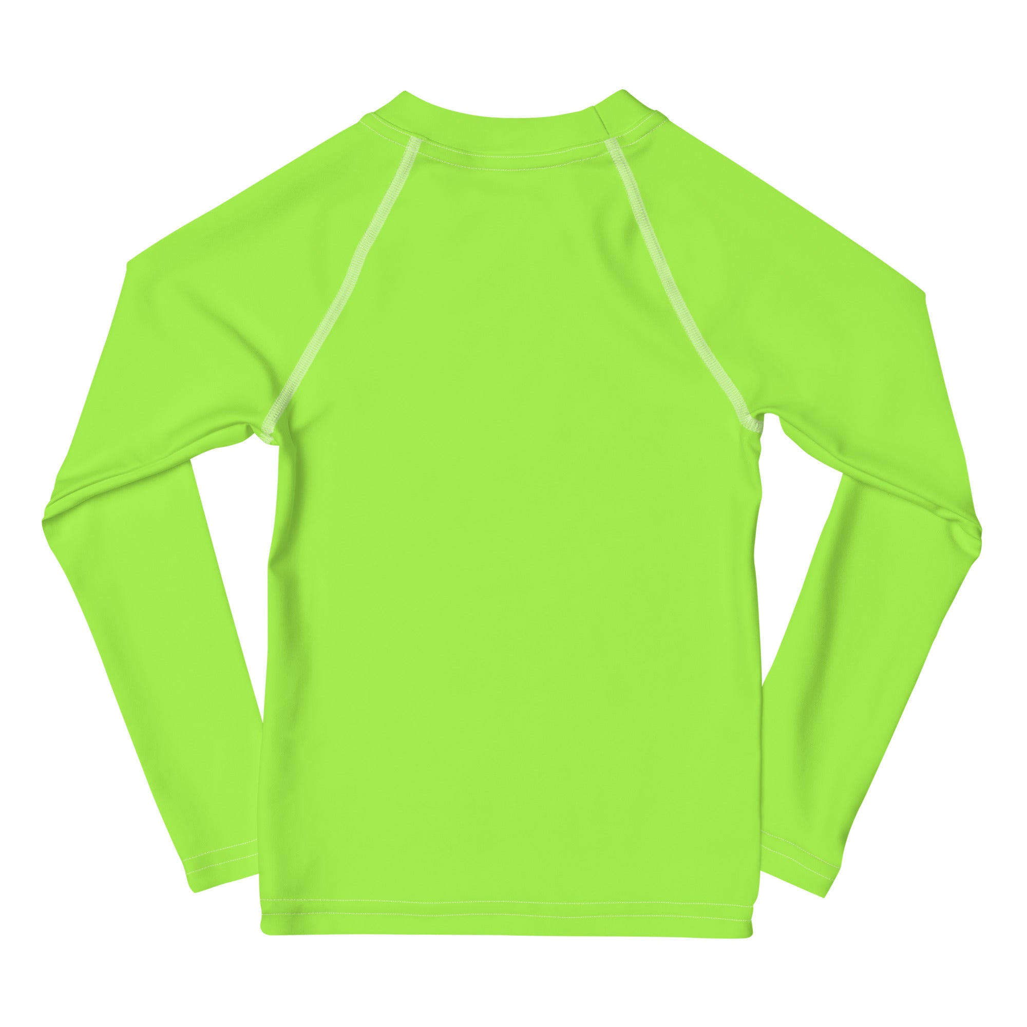 Kids lime green long sleeve rash guard swim shirt with upf 50 plus and subtle white seam detailing along sleeves