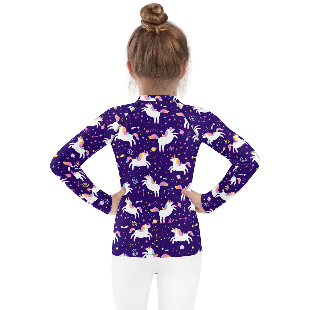 Girls Space Unicorn Long Sleeve Rash Guard Swim Shirt With UPF 50+