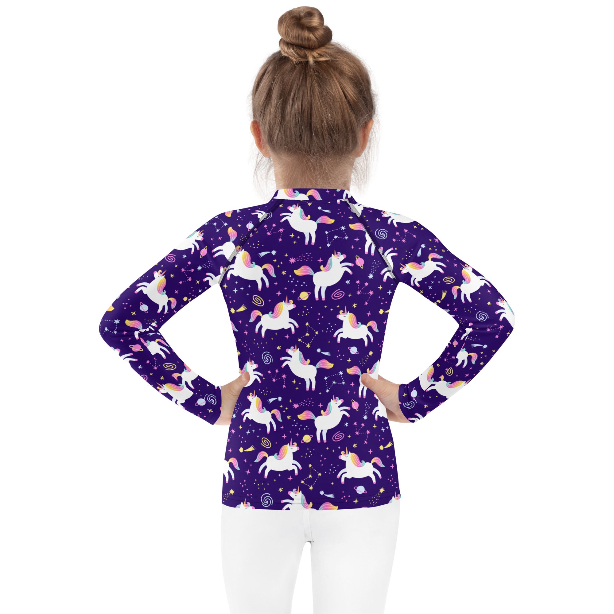 Girls Space Unicorn Long Sleeve Rash Guard Swim Shirt With UPF 50+