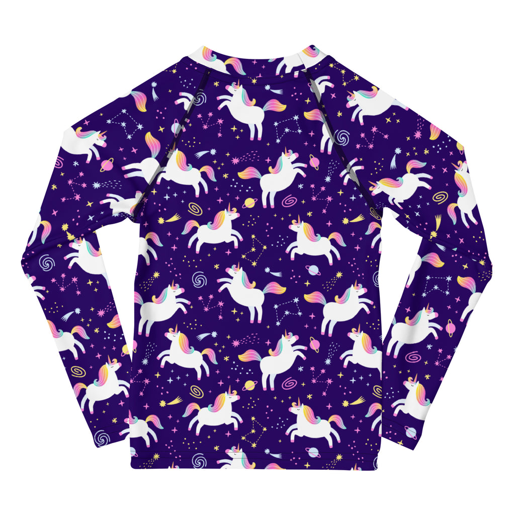 Girls Space Unicorn Long Sleeve Rash Guard Swim Shirt With UPF 50+