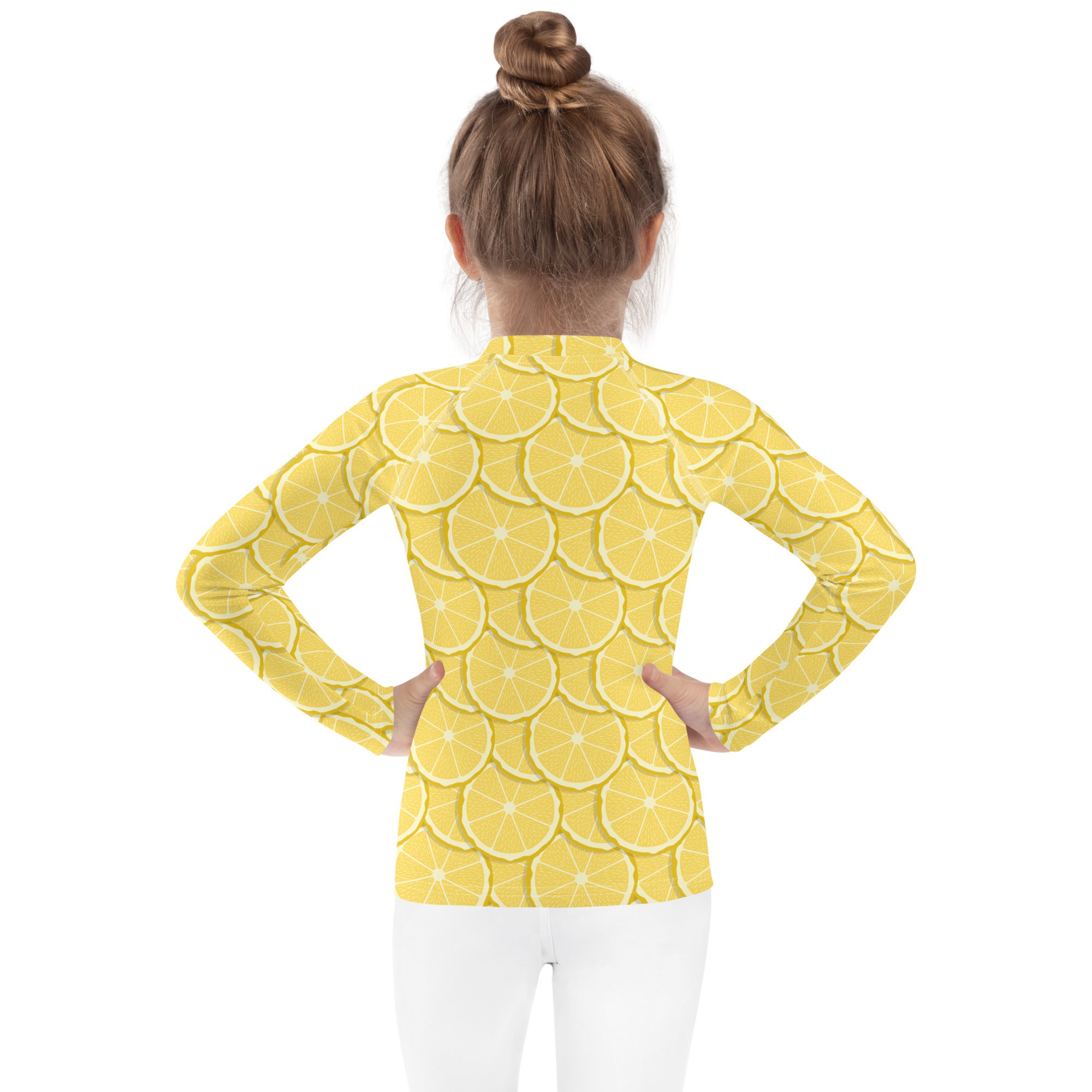 Kids lemon long sleeve rash guard swim shirt in yellow with sliced lemon pattern and upf 50 plus sun protection