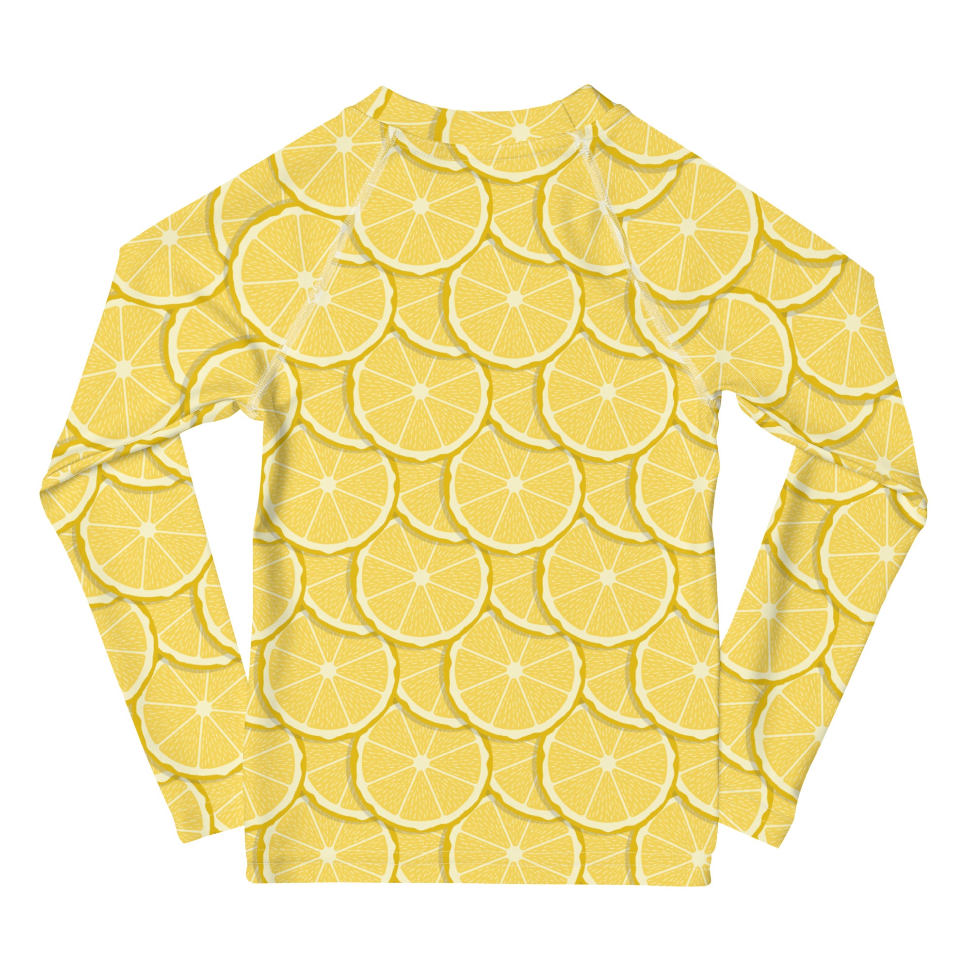 A vibrant yellow kids lemon long sleeve rash guard swim shirt with sliced lemon pattern and UPF 50 plus protection
