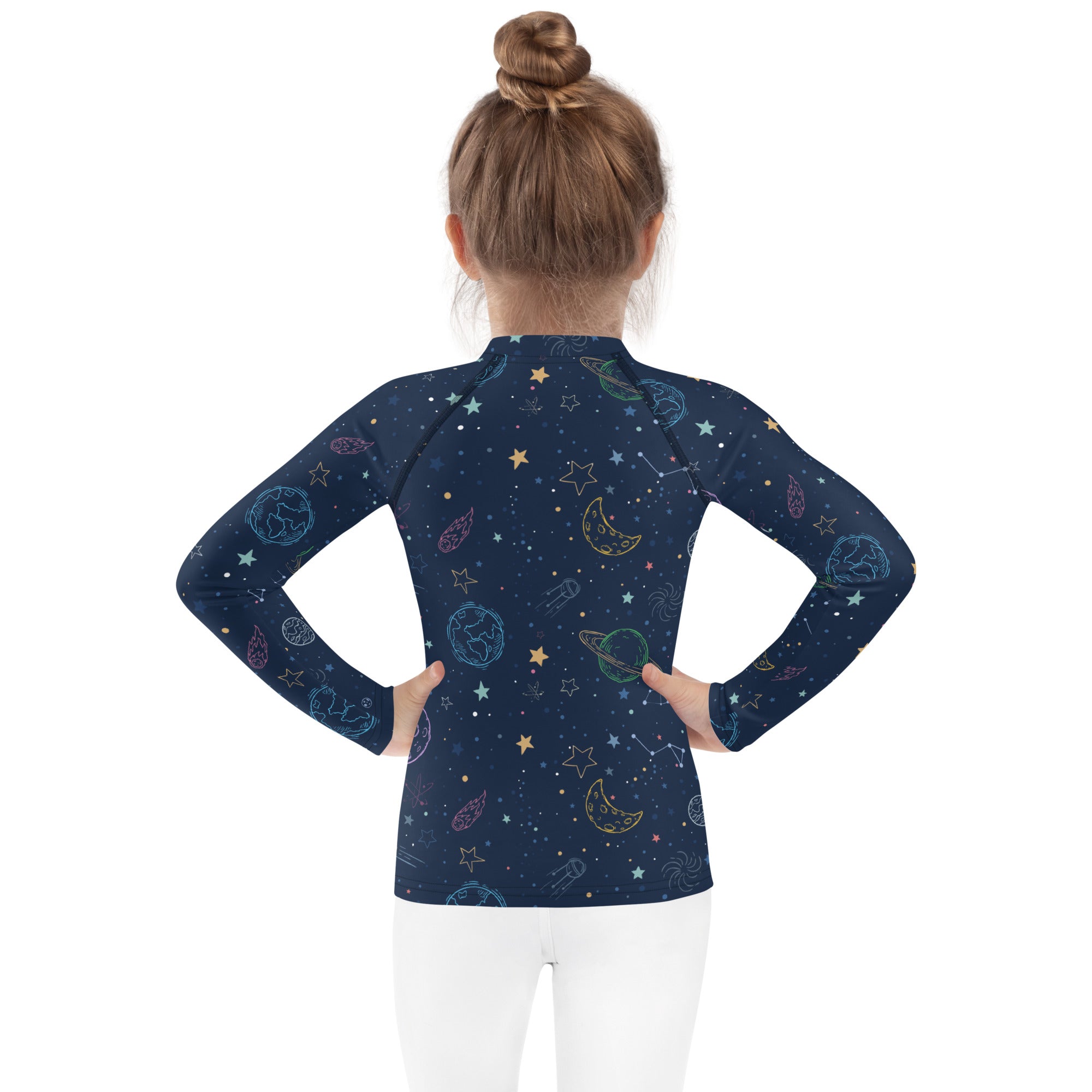 Navy blue kids galaxy long sleeve rash guard swim shirt with playful pastel space pattern and upf 50 plus protection