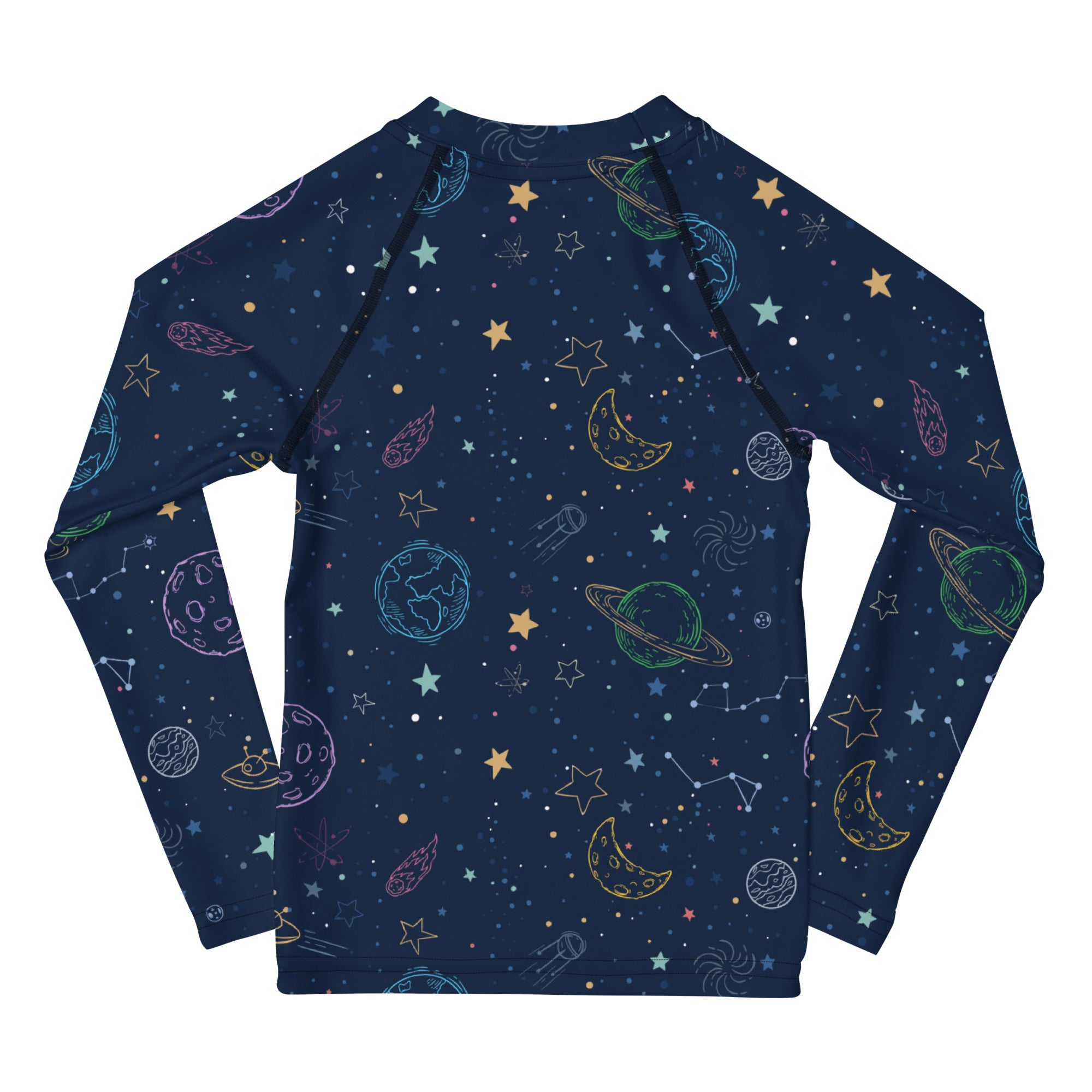 A navy blue kids long sleeve rash guard with vibrant space-themed print and UPF 50 plus swim shirt protection