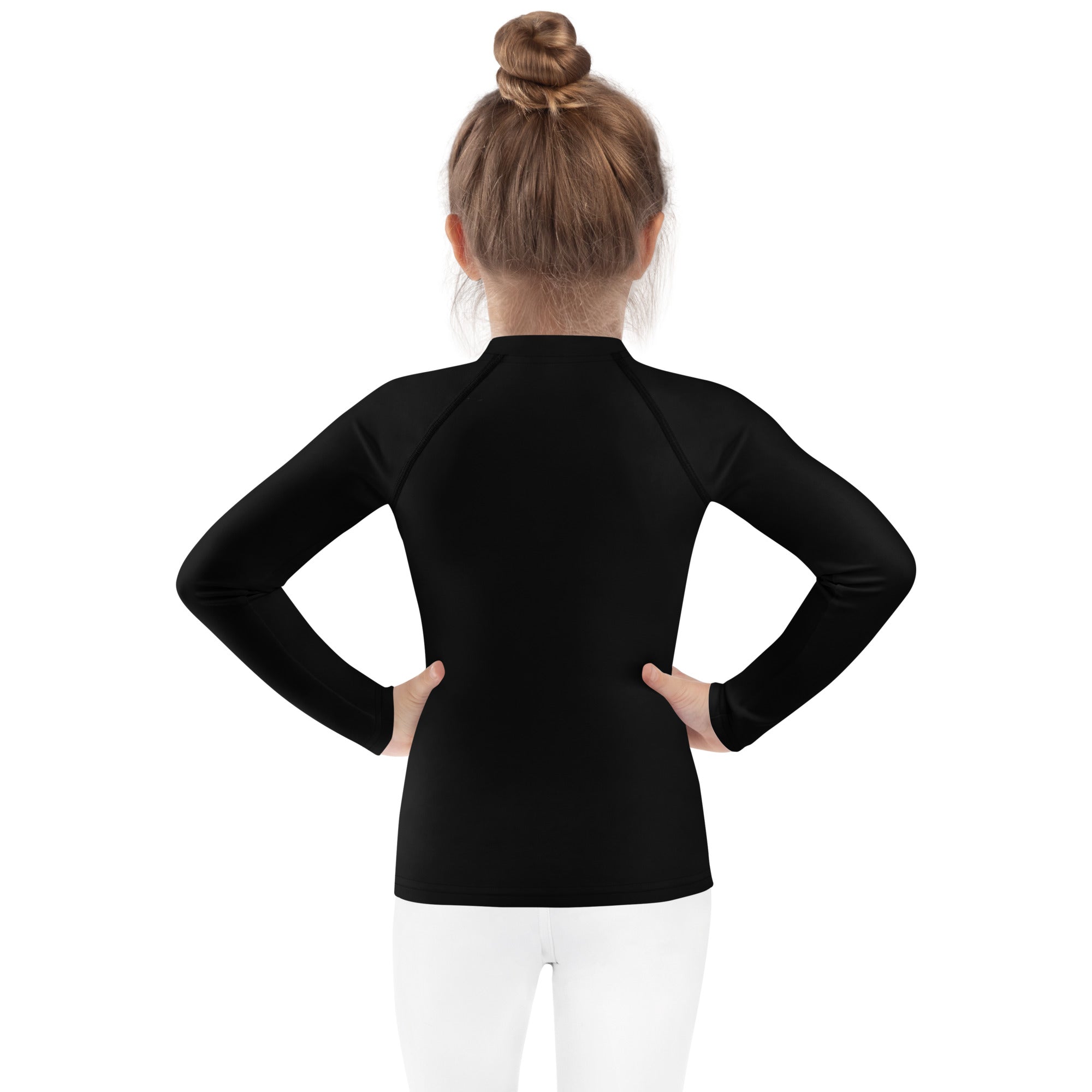 Kids black long sleeve rash guard swim shirt with upf 50+ featuring a high collar and raglan sleeves shown from the back