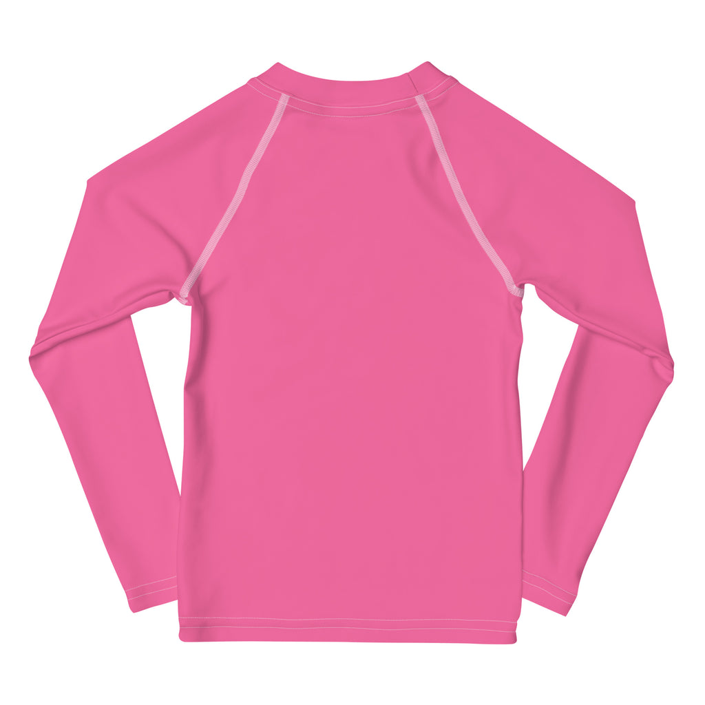 Girls pink long sleeve rash guard swim shirt with UPF 50 plus featuring vibrant color and white seam detailing