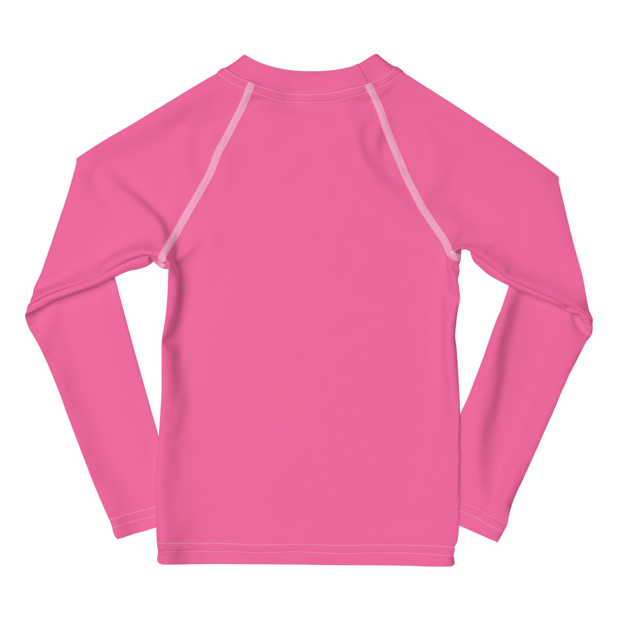 Girls pink long sleeve rash guard swim shirt with UPF 50 plus featuring vibrant color and white seam detailing