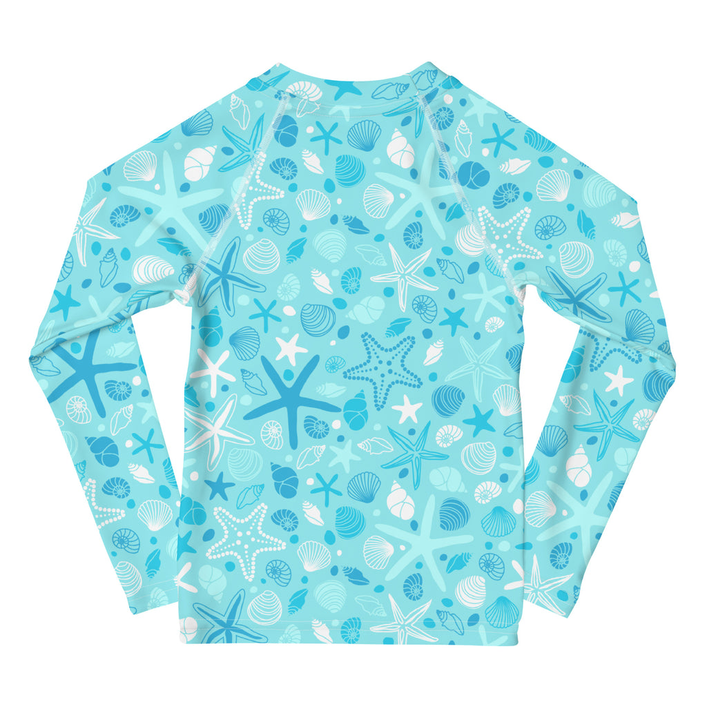 Kids light blue long sleeve rash guard swim shirt with white and dark blue starfish and seashells upf 50+