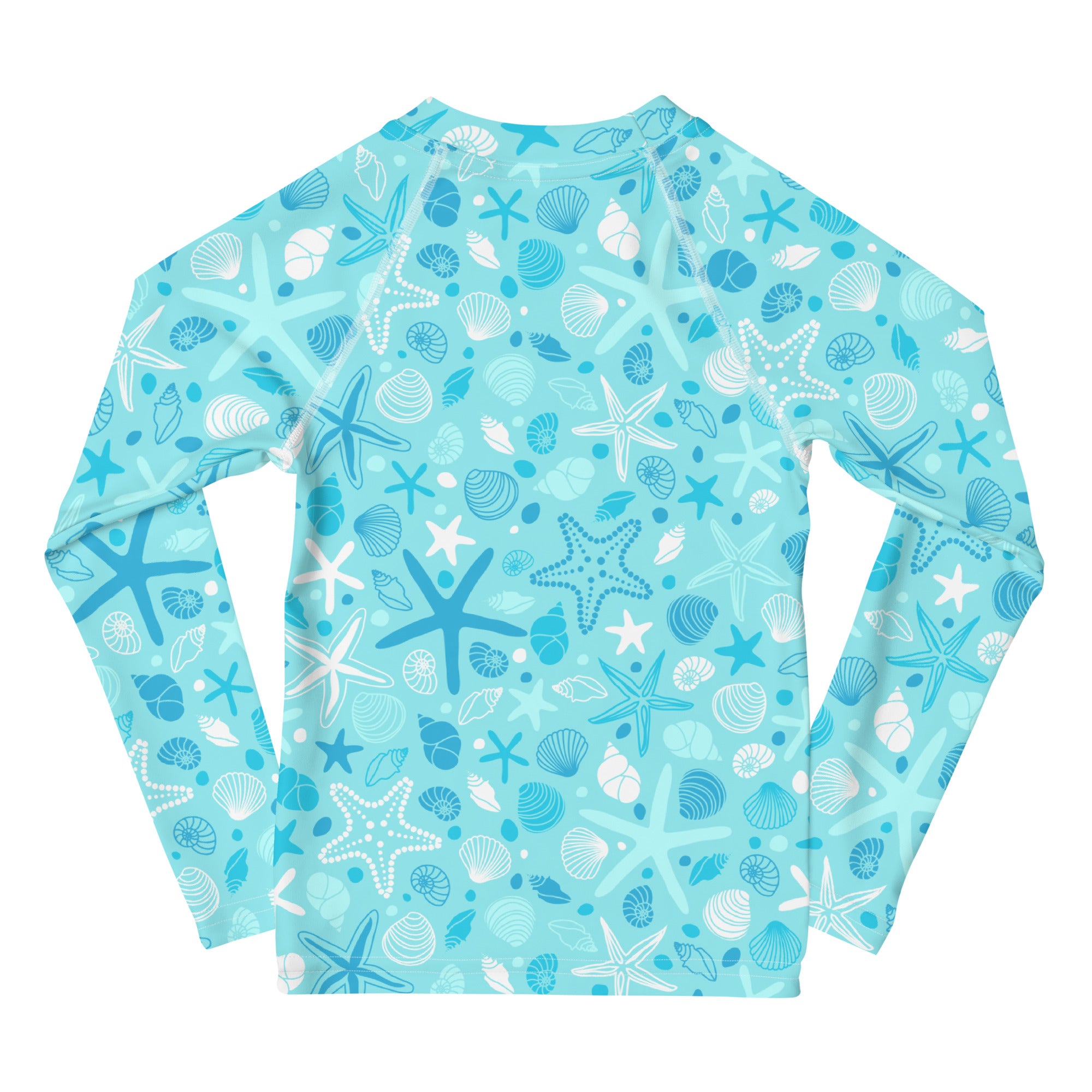 Kids light blue long sleeve rash guard swim shirt with white and dark blue starfish and seashells upf 50+