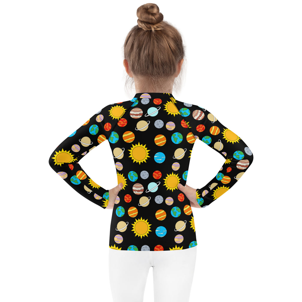 Kids solar system long sleeve rash guard swim shirt with upf 50 plus black with colorful cartoon planets and suns pattern