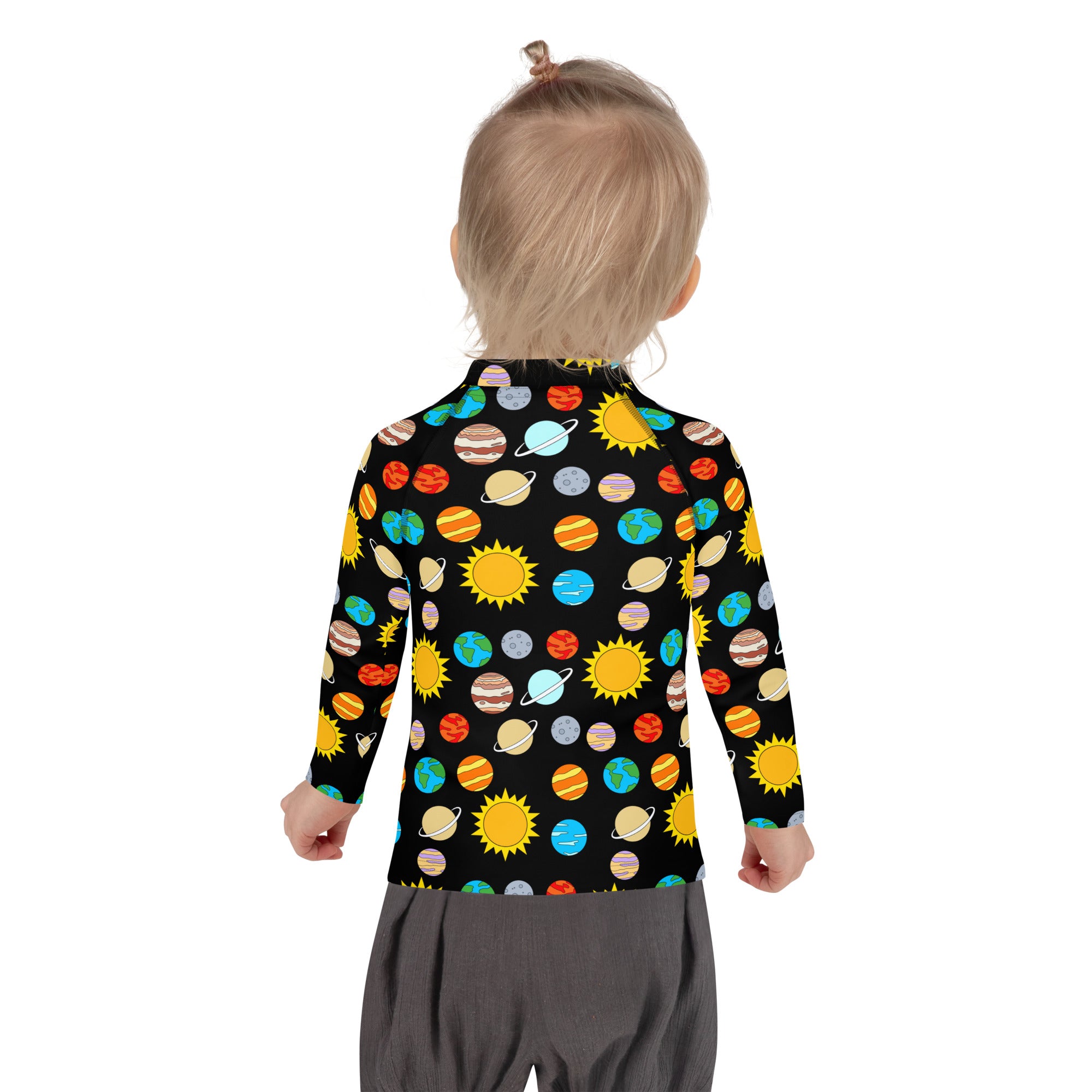 Black long-sleeved kids solar system rash guard swim shirt with colorful planets print and upf 50 plus protection