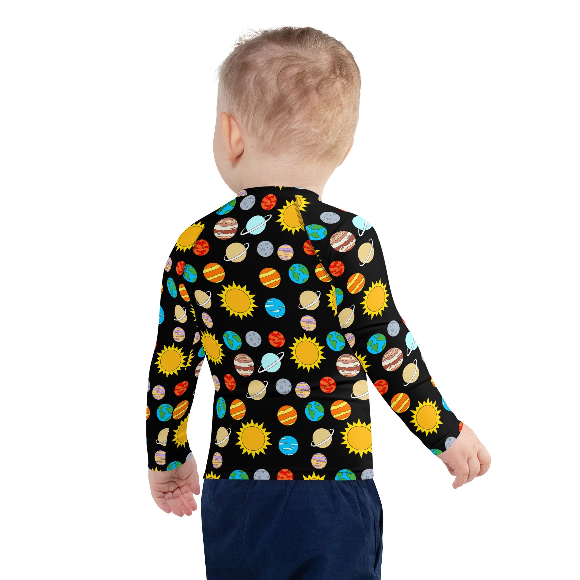 Black long sleeve kids solar system rash guard swim shirt with colorful cartoon planets and suns and upf 50 plus protection