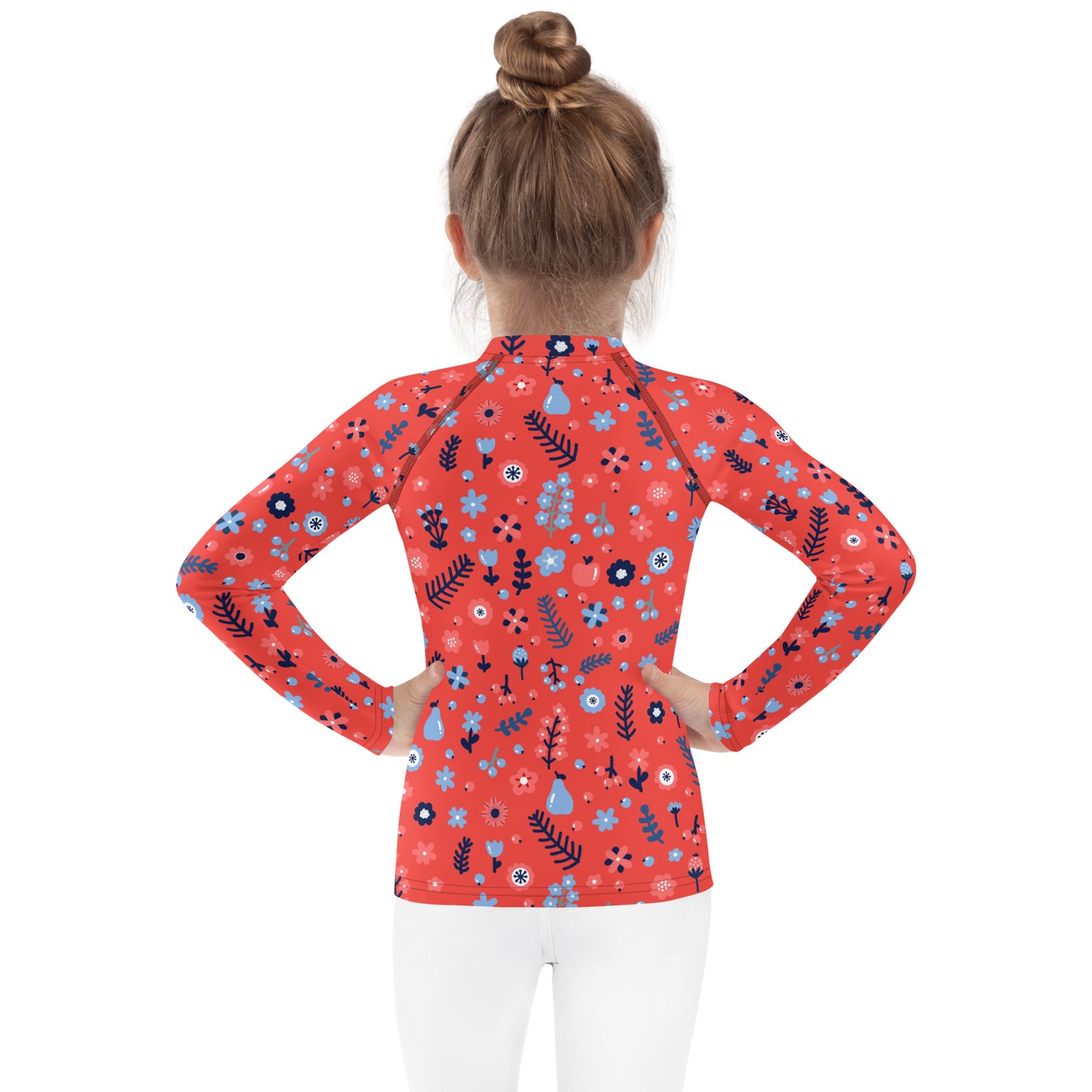 Girls Red Floral Long Sleeve Rash Guard Swim Shirt With UPF 50+