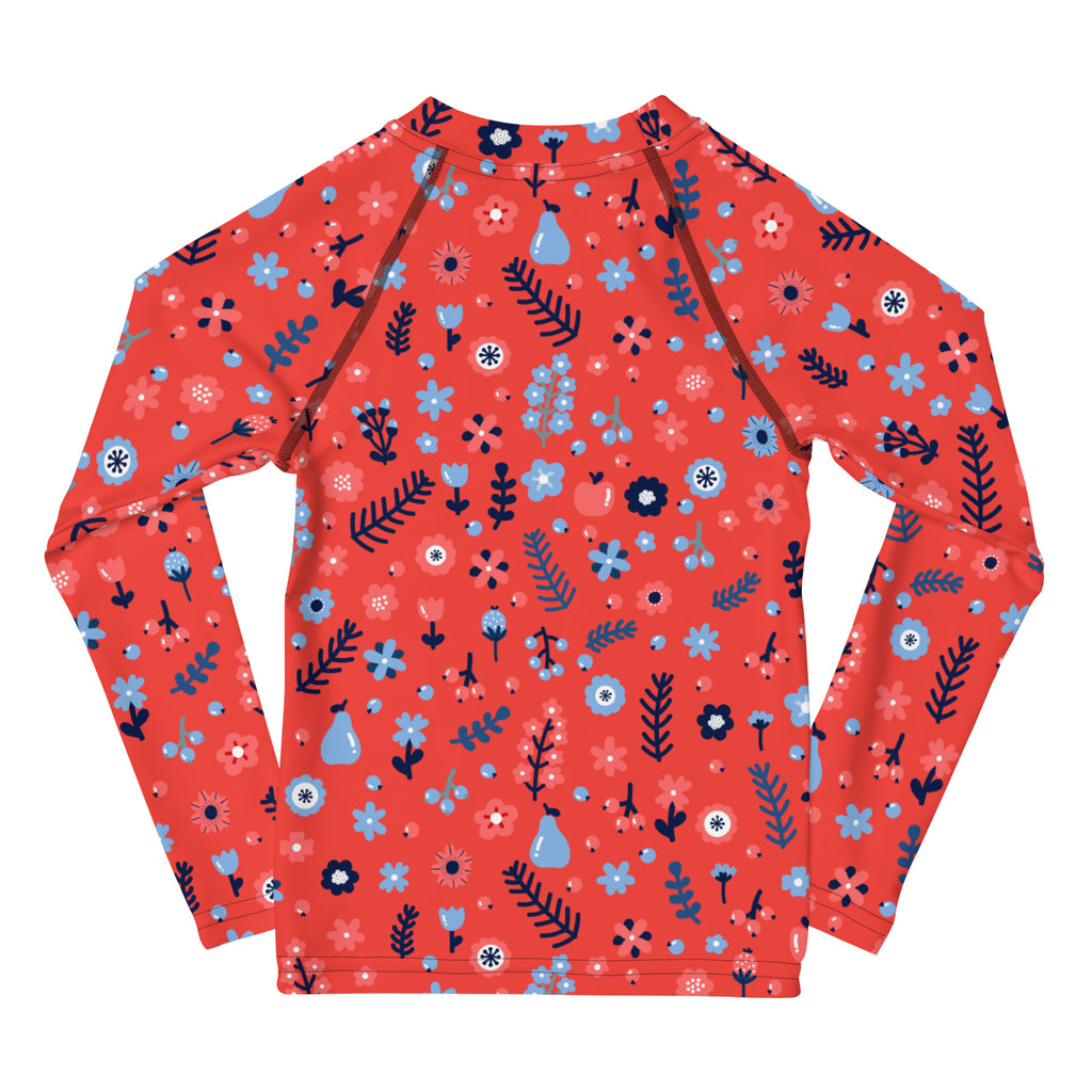 Girls red floral long sleeve rash guard swim shirt with upf 50 featuring coral color and blue pink navy flower pear pattern