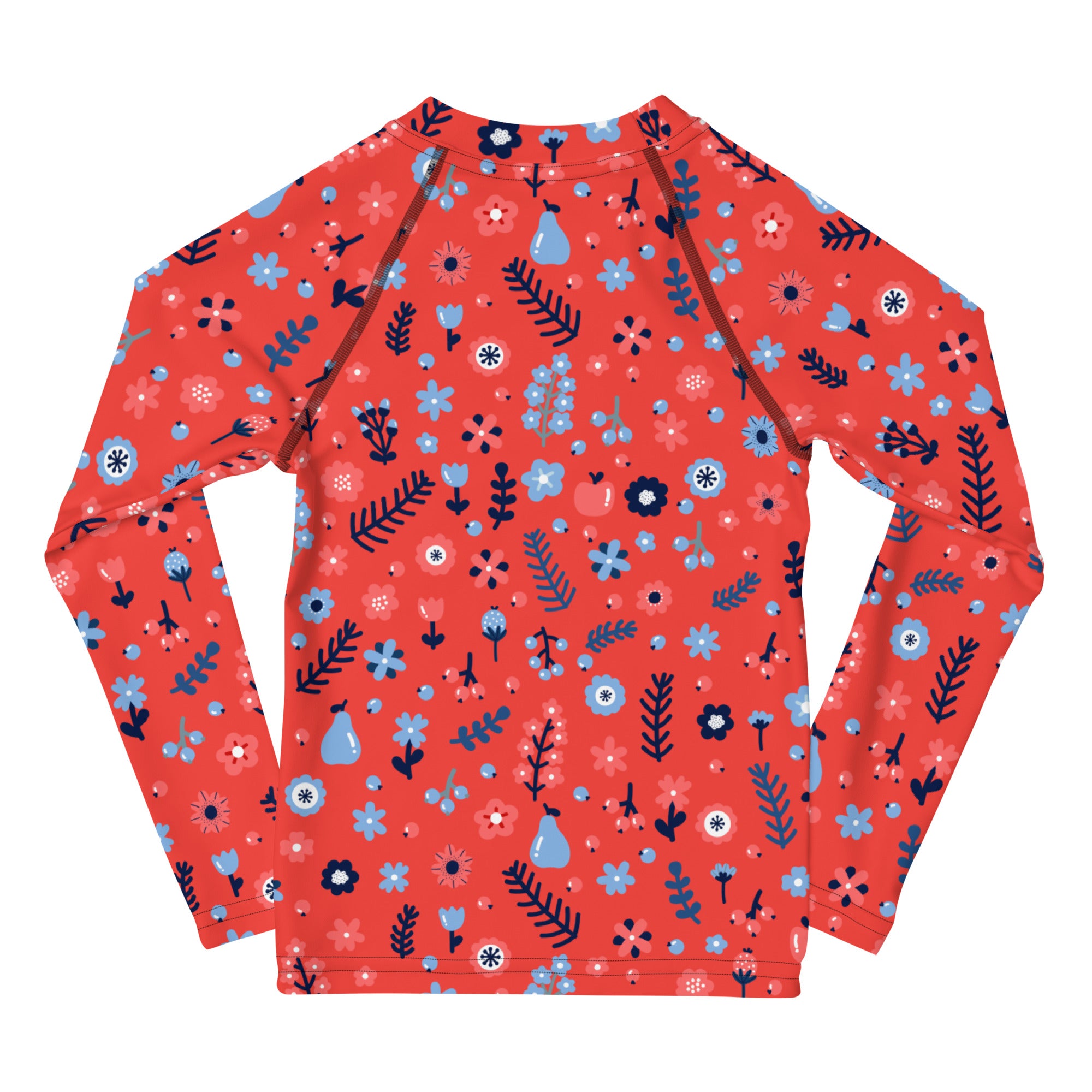 Girls red floral long sleeve rash guard swim shirt with upf 50 featuring coral color and blue pink navy flower pear pattern