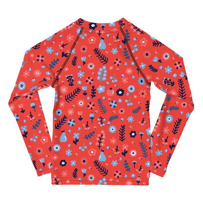 Girls Red Floral Long Sleeve Rash Guard Swim Shirt With UPF 50+