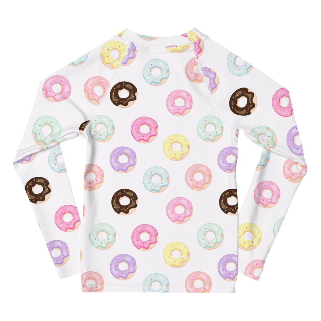 Kids colorful donuts long sleeve white rash guard swim shirt with pastel donut pattern and upf 50 plus protection
