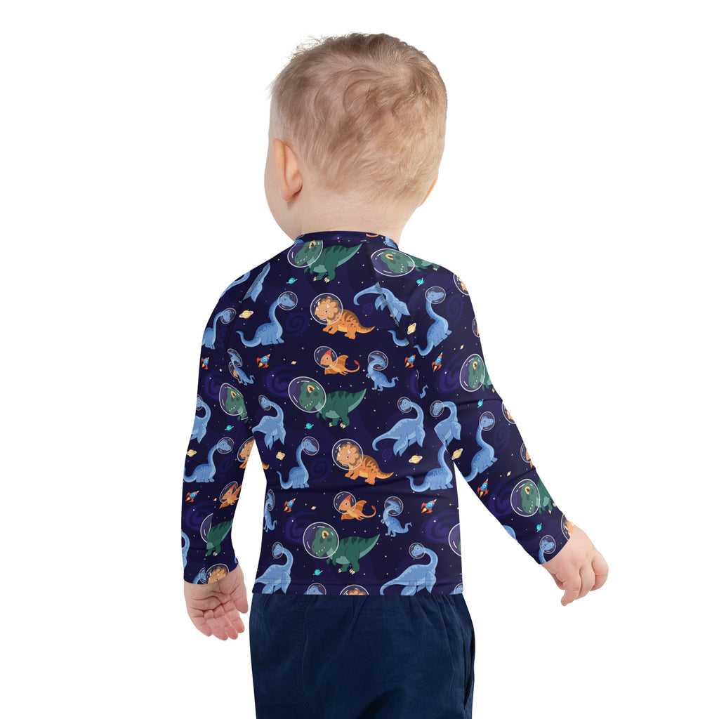 Kids dinosaurs in space navy blue long sleeve rash guard swim shirt with upf 50 plus featuring cartoon dinosaur bubbles