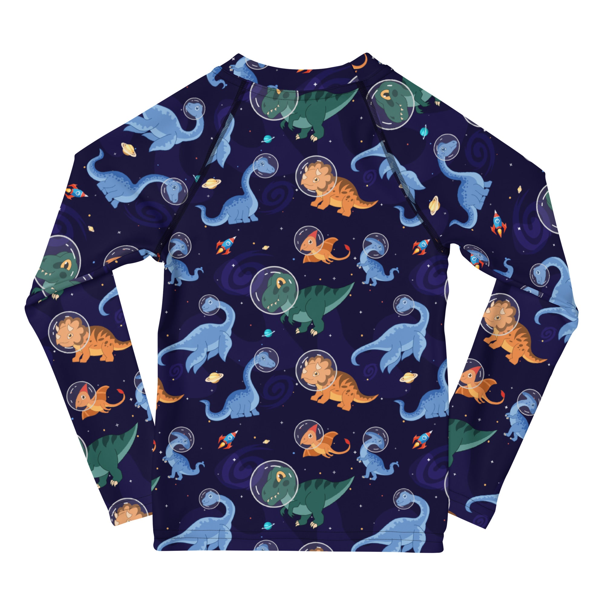 A navy blue kids dinosaurs in space long sleeve rash guard swim shirt with upf 50 plus featuring cartoon astronaut dinosaurs and rockets