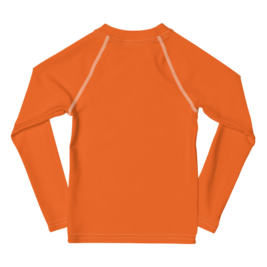 Kids orange long sleeve rash guard swim shirt with white seam detailing and UPF 50 plus for sun protection