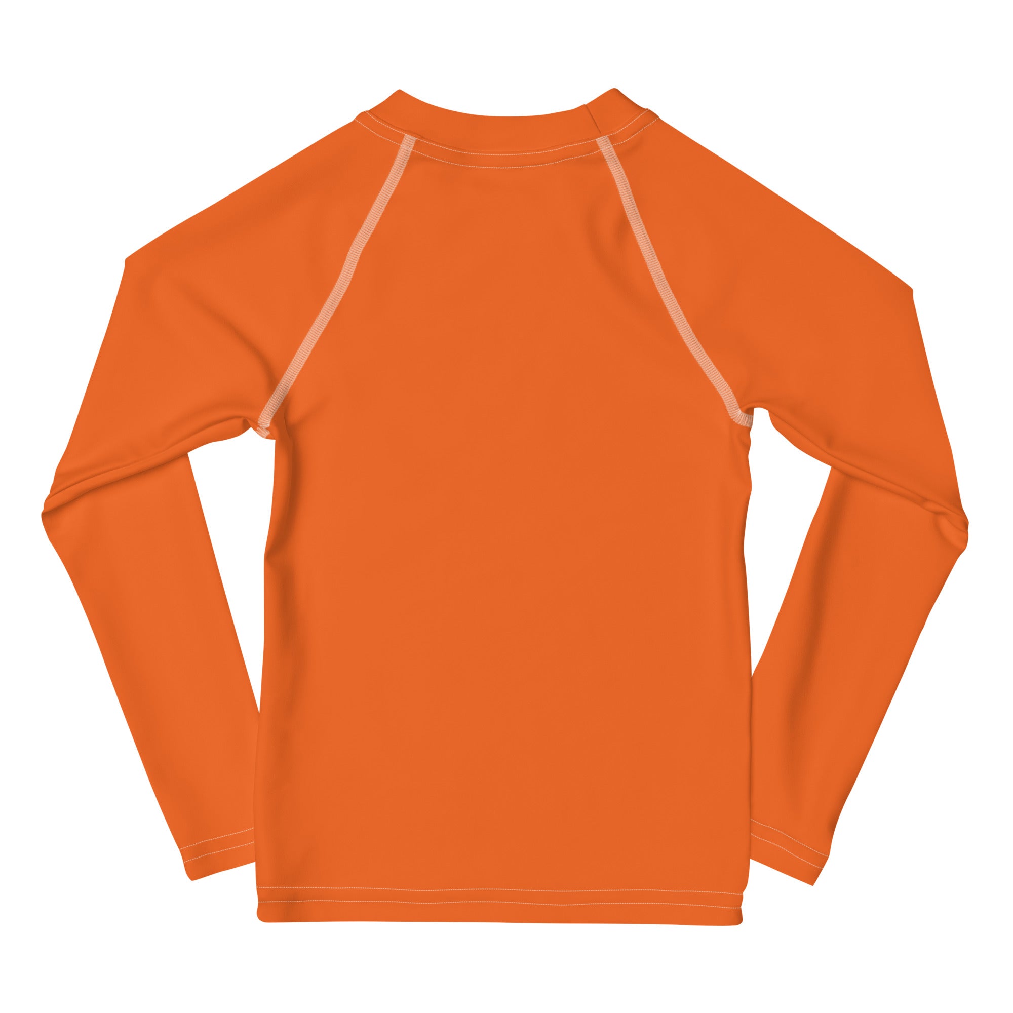 Kids orange long sleeve rash guard swim shirt with white seam detailing and UPF 50 plus for sun protection