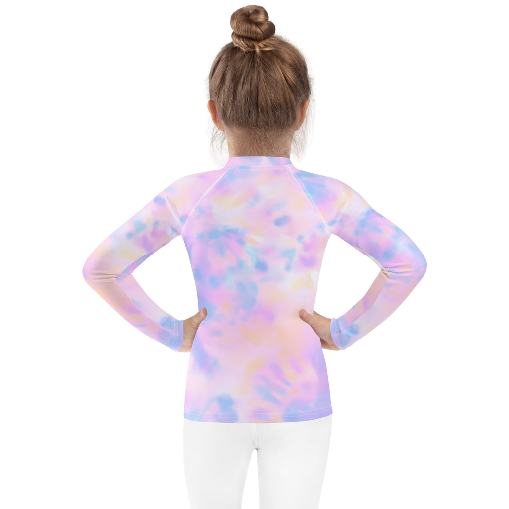 Girls pastel tie-dye long-sleeved rash guard made of soft stretchy fabric with upf 50 plus for swim protection