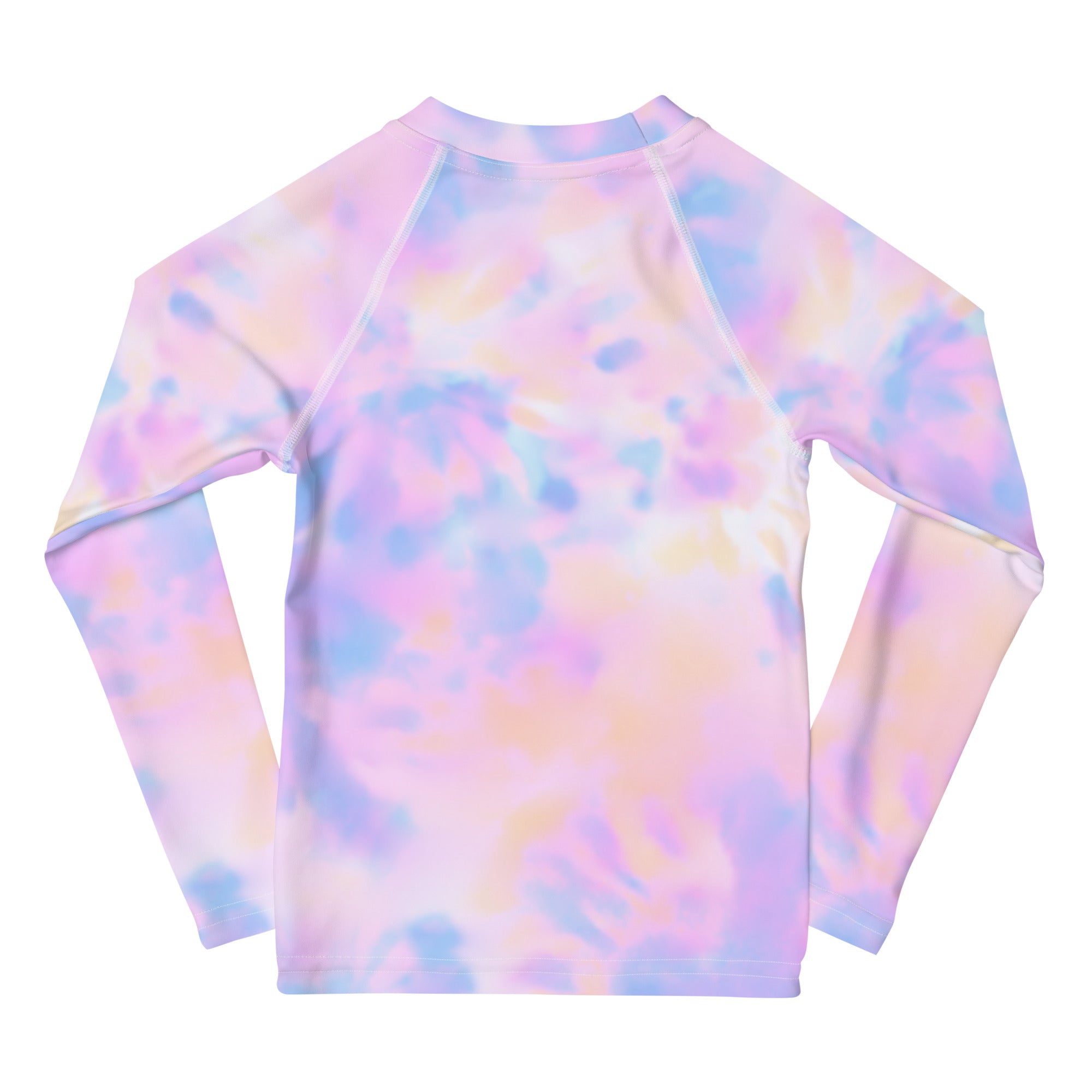 Girls pastel watercolor long sleeve rash guard swim shirt with upf 50 plus in lavender pink and light blue tie-dye