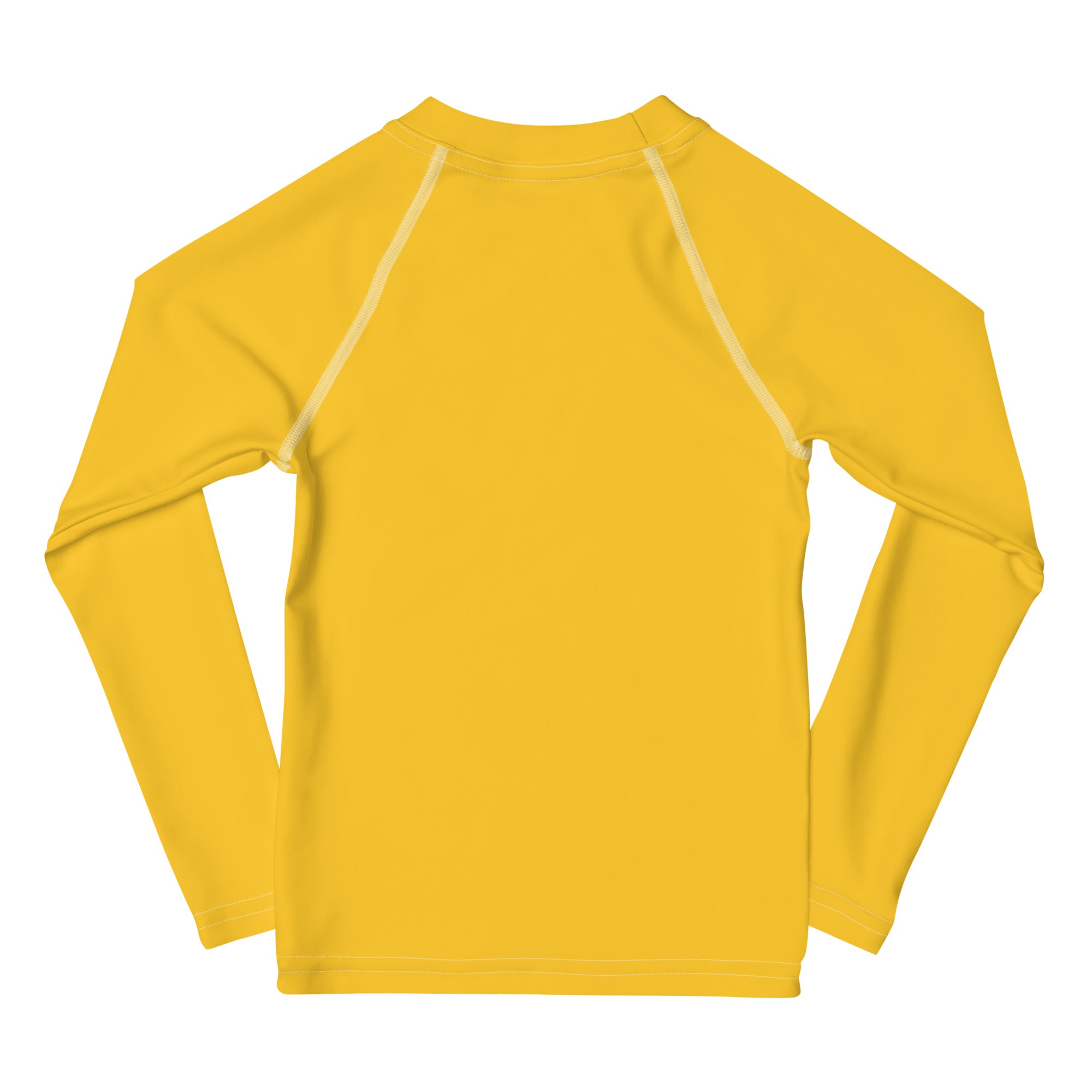 Kids yellow long sleeve rash guard swim shirt with UPF 50 plus featuring bright yellow fabric and white seam detailing