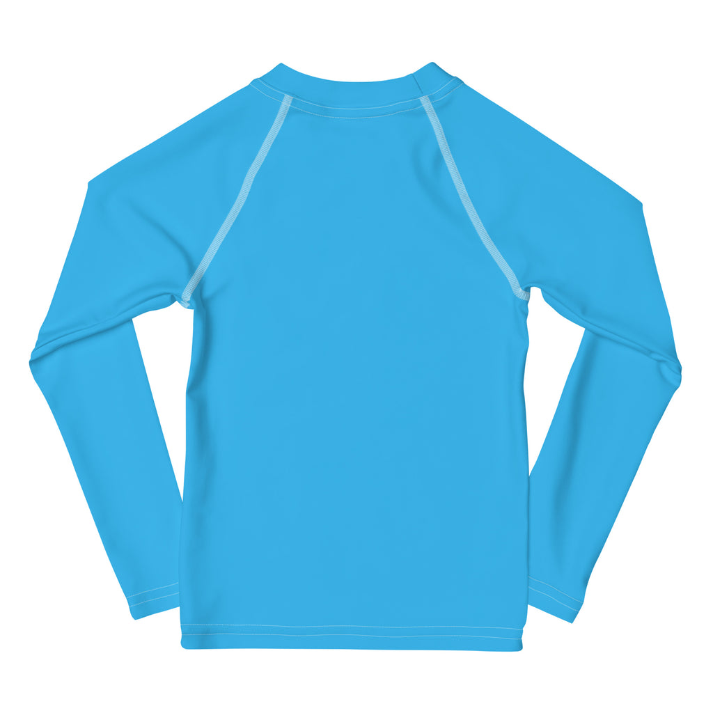 Kids sky blue long sleeve rash guard swim shirt with upf 50 plus and light gray seam detailing