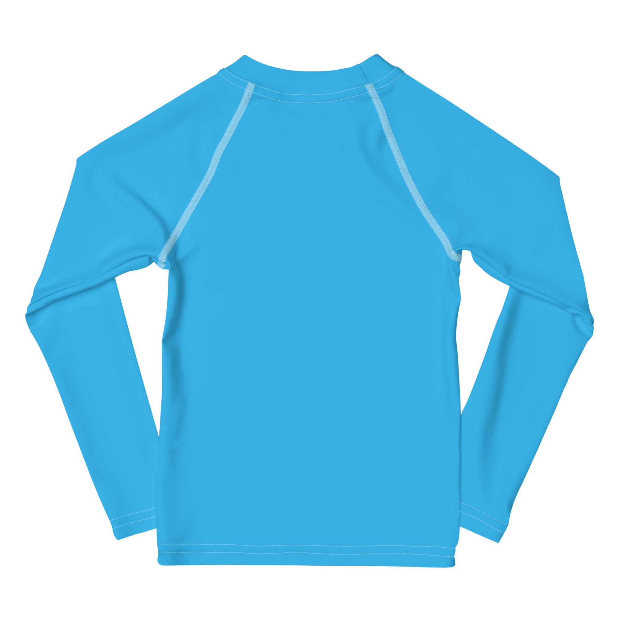 Kids sky blue long sleeve rash guard swim shirt with upf 50 plus and light gray seam detailing
