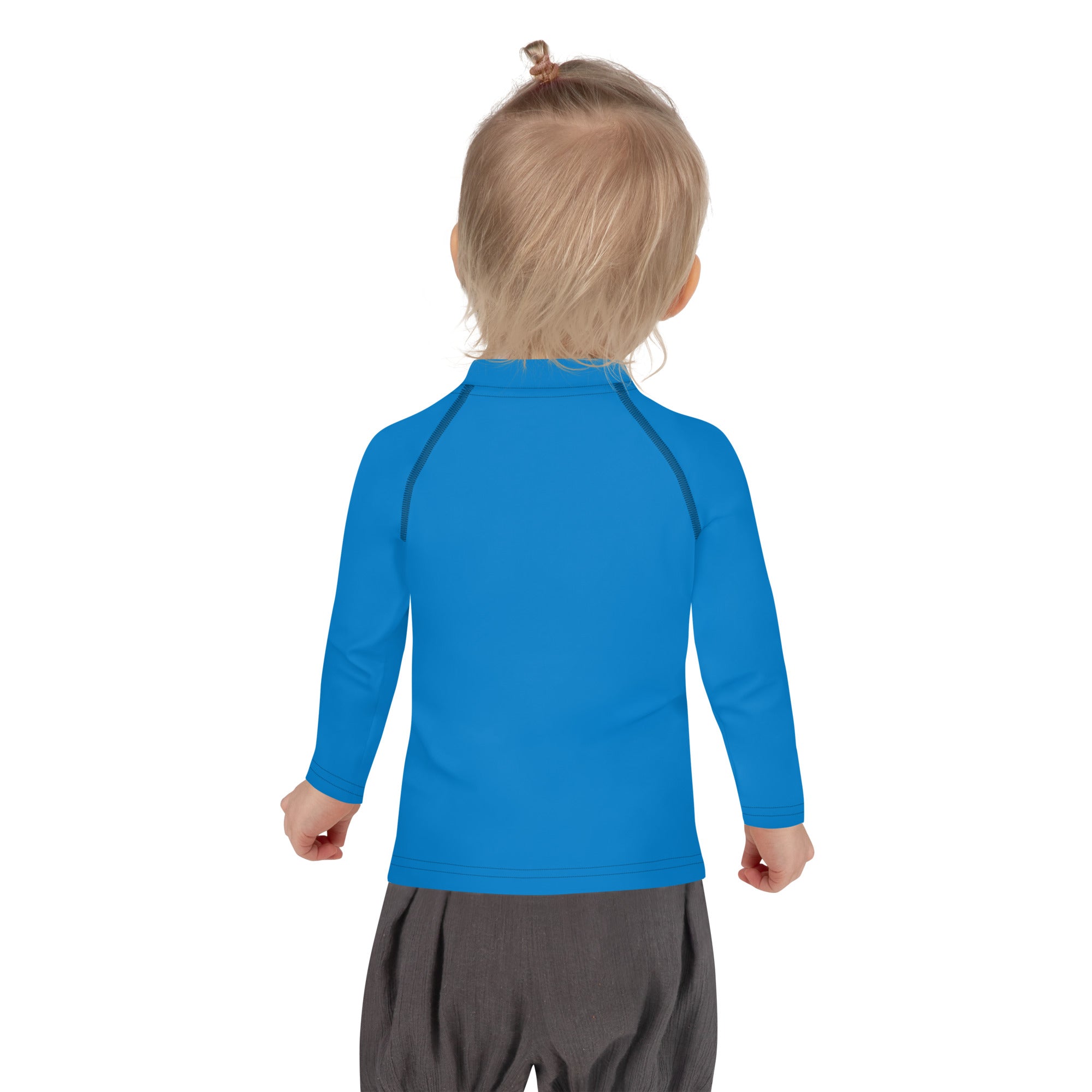 Kids navy blue long sleeve rash guard swim shirt with upf 50 plus featuring bright blue fabric and black seam detailing
