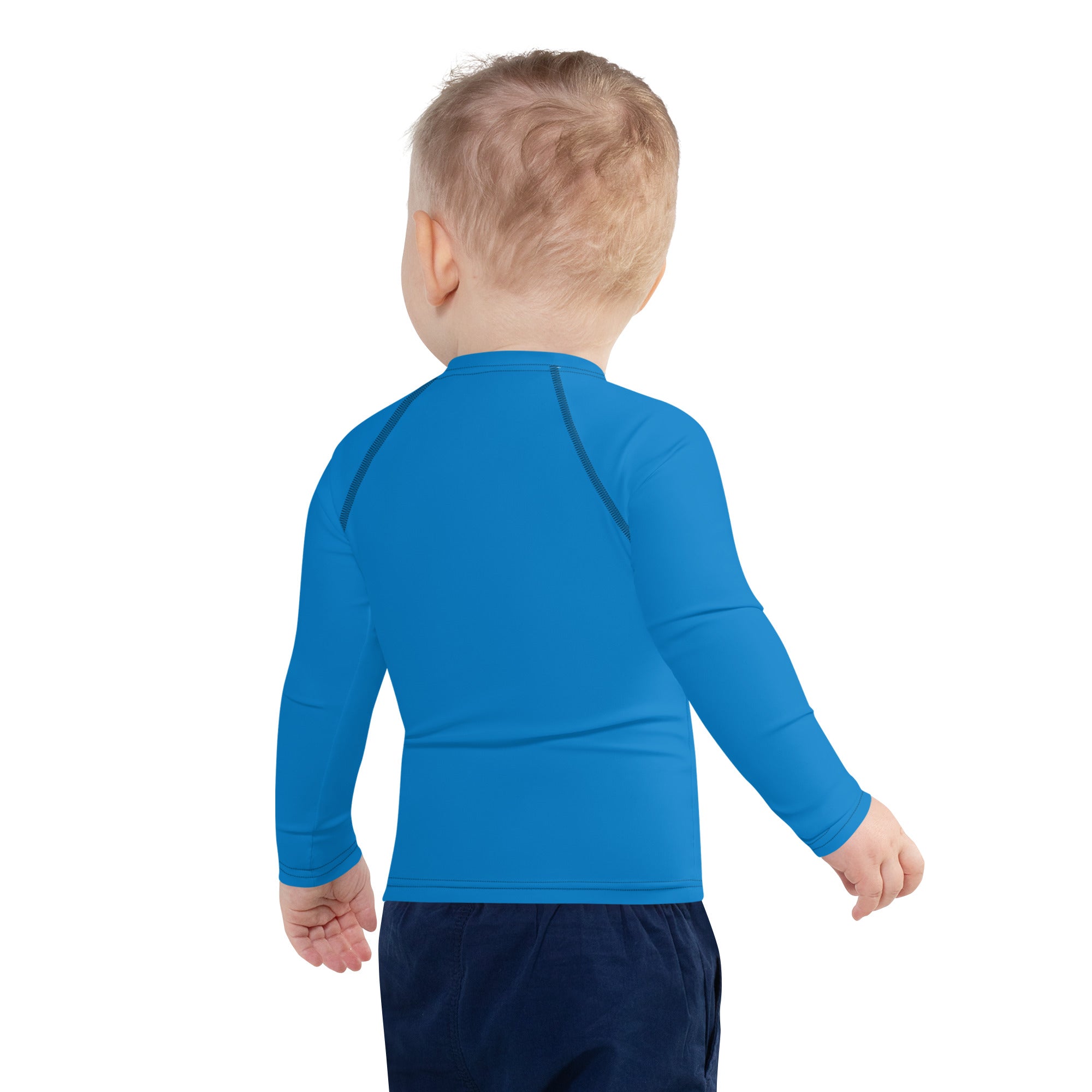 Kids navy blue long sleeve rash guard swim shirt with upf 50 plus and bright blue form-fitting design