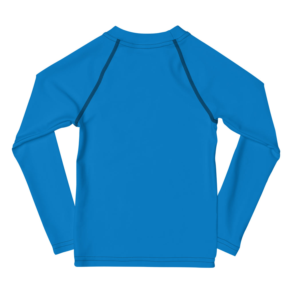 Kids navy blue long sleeve rash guard swim shirt with bright blue fabric and dark navy seam detailing, UPF 50 plus