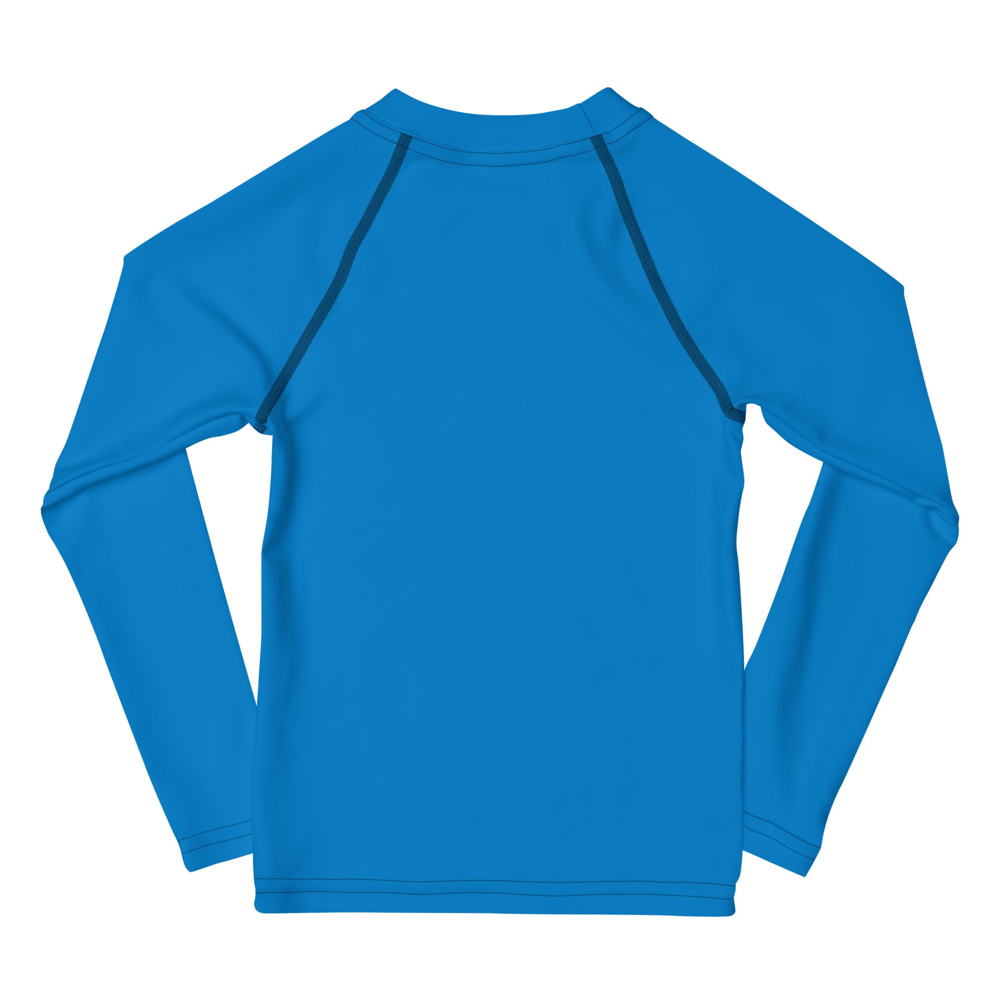 Kids navy blue long sleeve rash guard swim shirt with bright blue fabric and dark navy seam detailing, UPF 50 plus