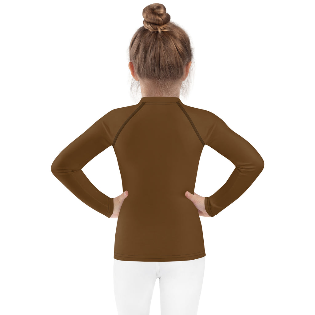 Kids brown long sleeve rash guard swim shirt with raglan sleeves high collar and upf 50 plus protection