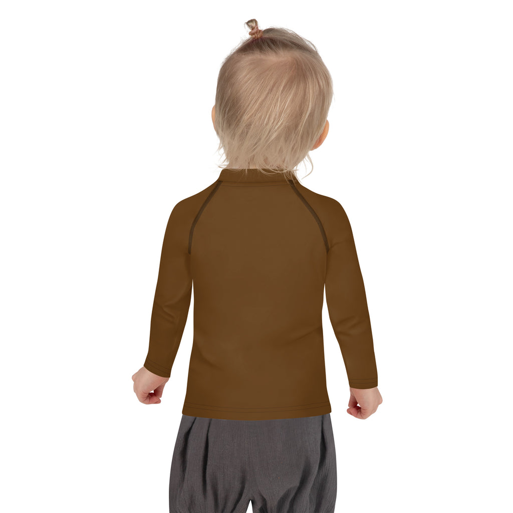Kids brown long sleeve rash guard swim shirt with upf 50 plus featuring a high collar and subtle seam detailing