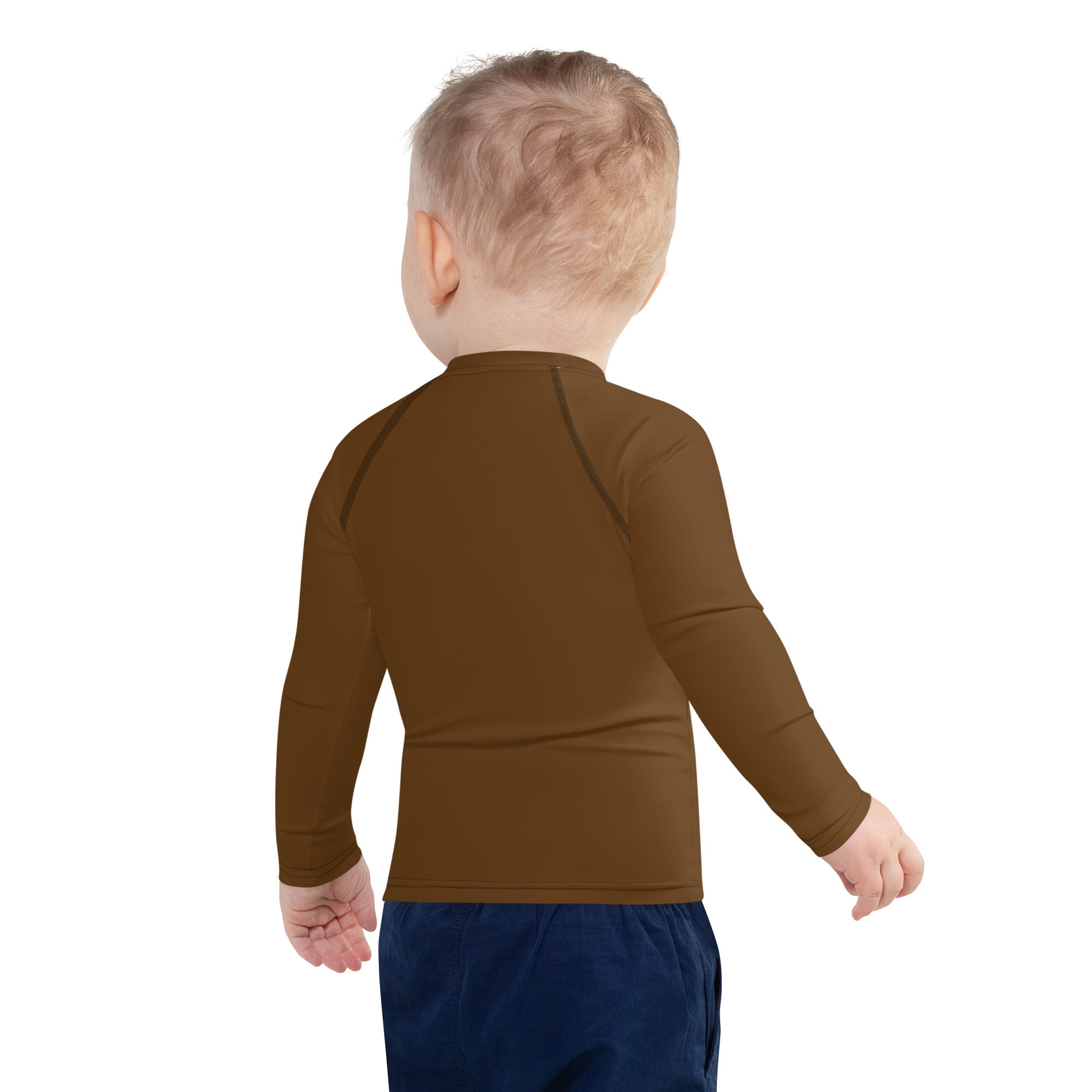 Kids brown long sleeve rash guard swim shirt with UPF 50 plus sun protection for swimming and outdoor play