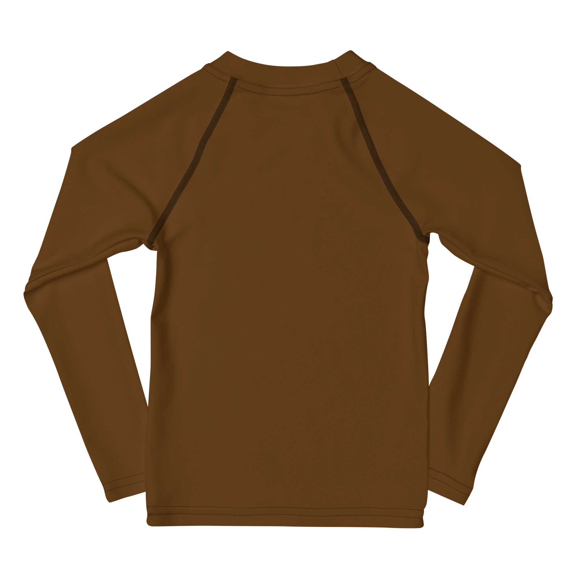 Kids brown long sleeve rash guard swim shirt with upf 50 plus and dark brown seam detailing on front