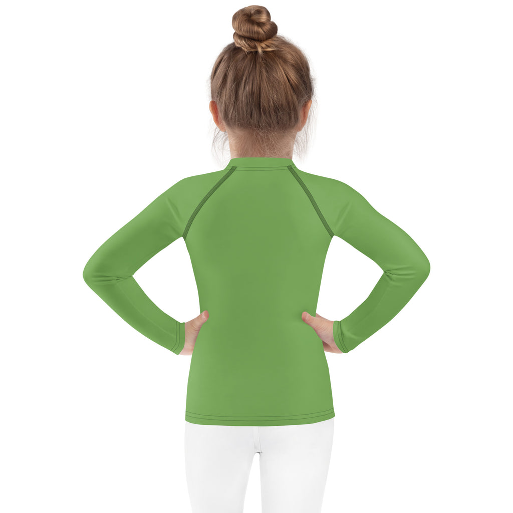 A vibrant green kids long sleeve rash guard swim shirt with UPF 50 high collar and raglan sleeves for sun protection