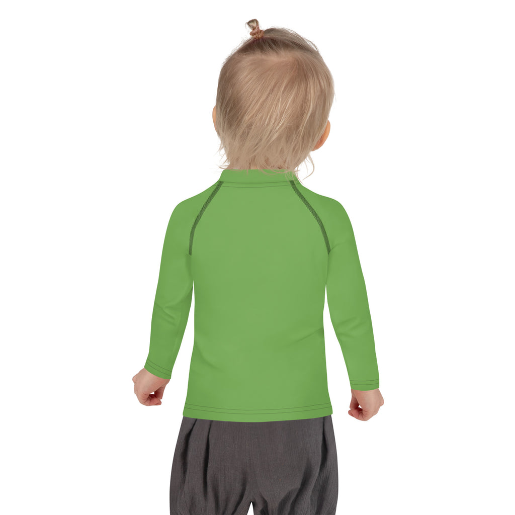 Kids green long sleeve rash guard swim shirt with dark green seams and UPF 50 plus sun protection