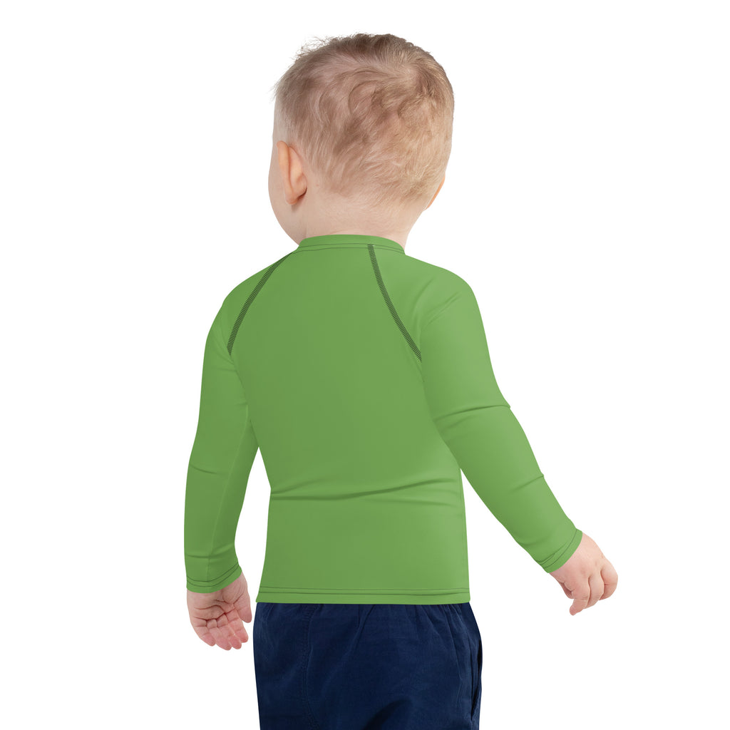 Kids green long sleeve rash guard swim shirt with UPF 50 plus and black seam detailing for sun protection