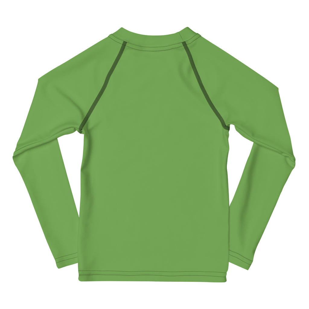 Kids green long sleeve rash guard swim shirt with upf 50 plus featuring solid lime green fabric and dark green seam detailing
