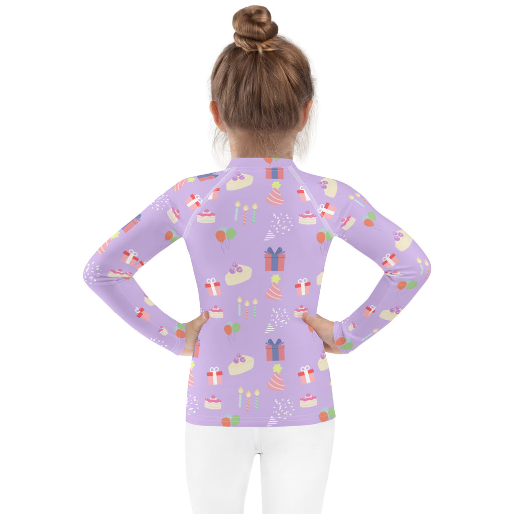 Lavender girls birthday party sleeve rash guard swim shirt with upf 50+ featuring cakes gifts and balloons pattern