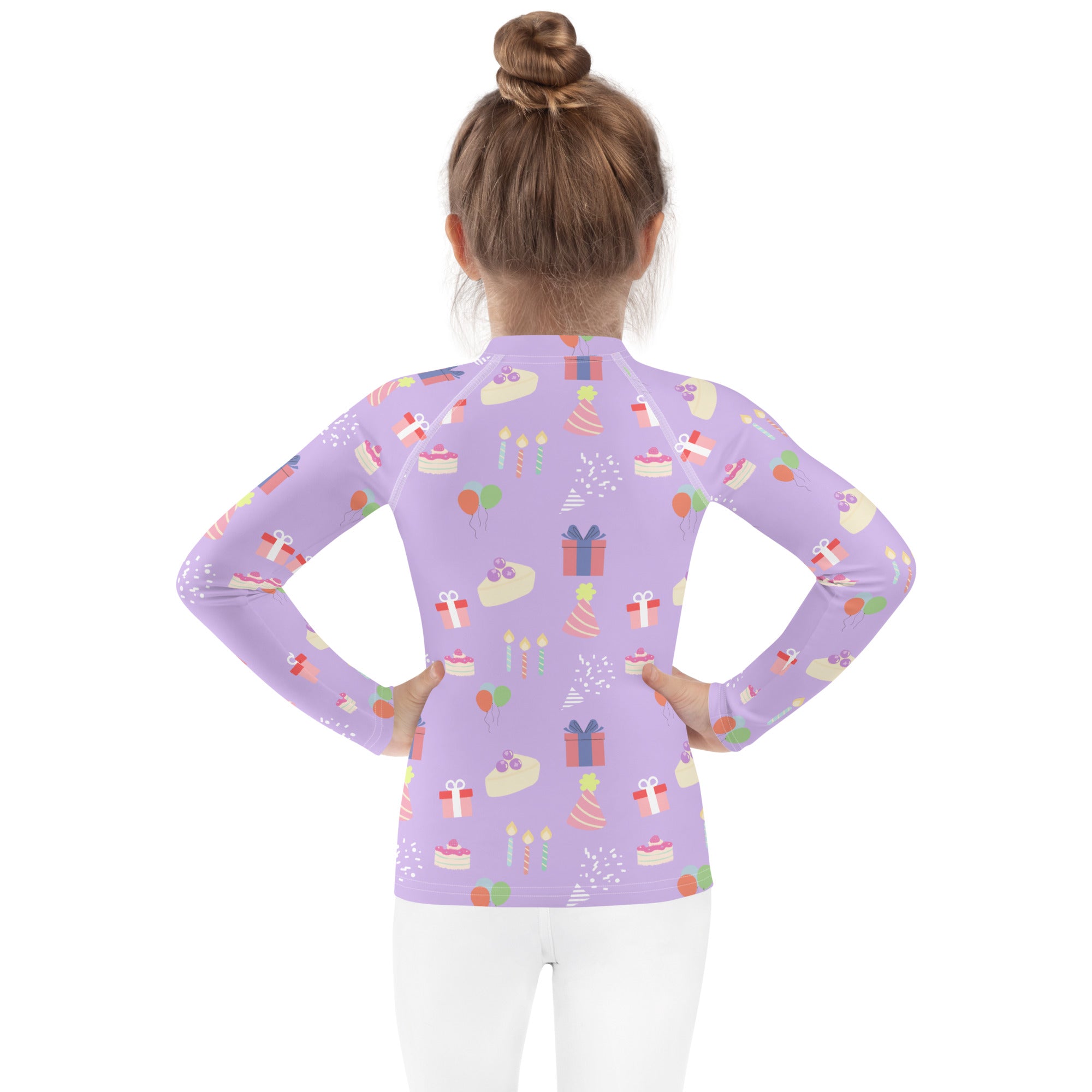 Lavender girls birthday party sleeve rash guard swim shirt with upf 50+ featuring cakes gifts and balloons pattern