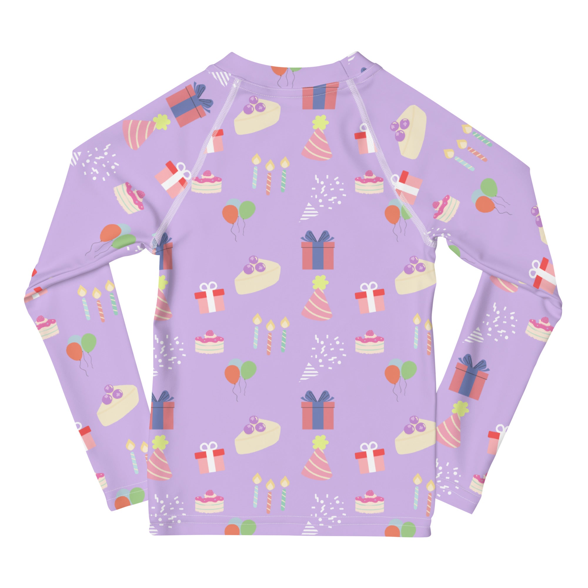 Lavender girls birthday party long-sleeved rash guard swim shirt with playful pastel cake and balloon pattern and UPF 50+